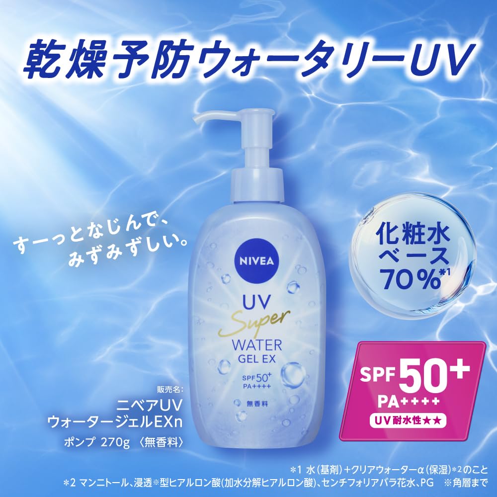 NIVEA UV Water Gel EX Pump 270g Fragrance-Free Sunscreen SPF50
