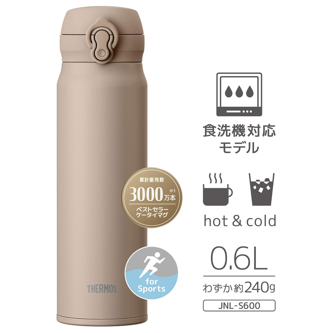 THERMOS Vacuum Insulated One-Touch Mug, Gray Beige 600ml
