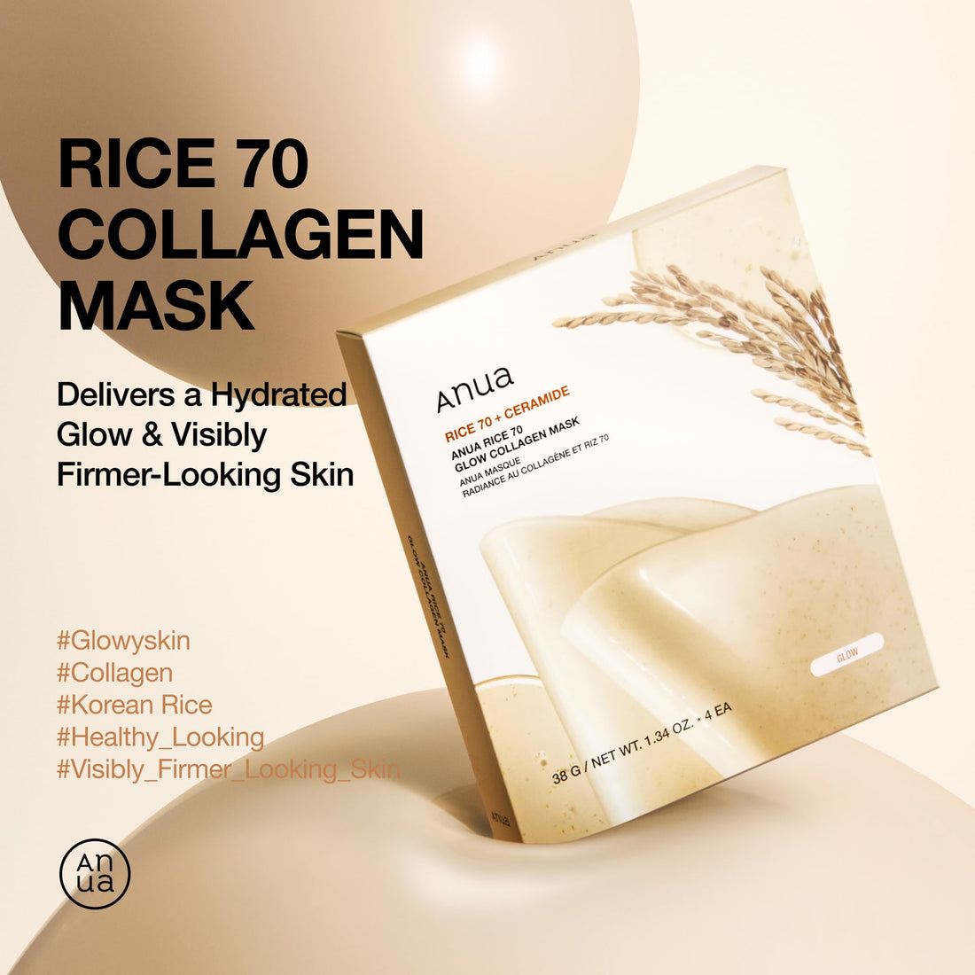 ANUA Rice 70 Glow Collagen Face Mask Pack 4 Sheets for Radiant Skin