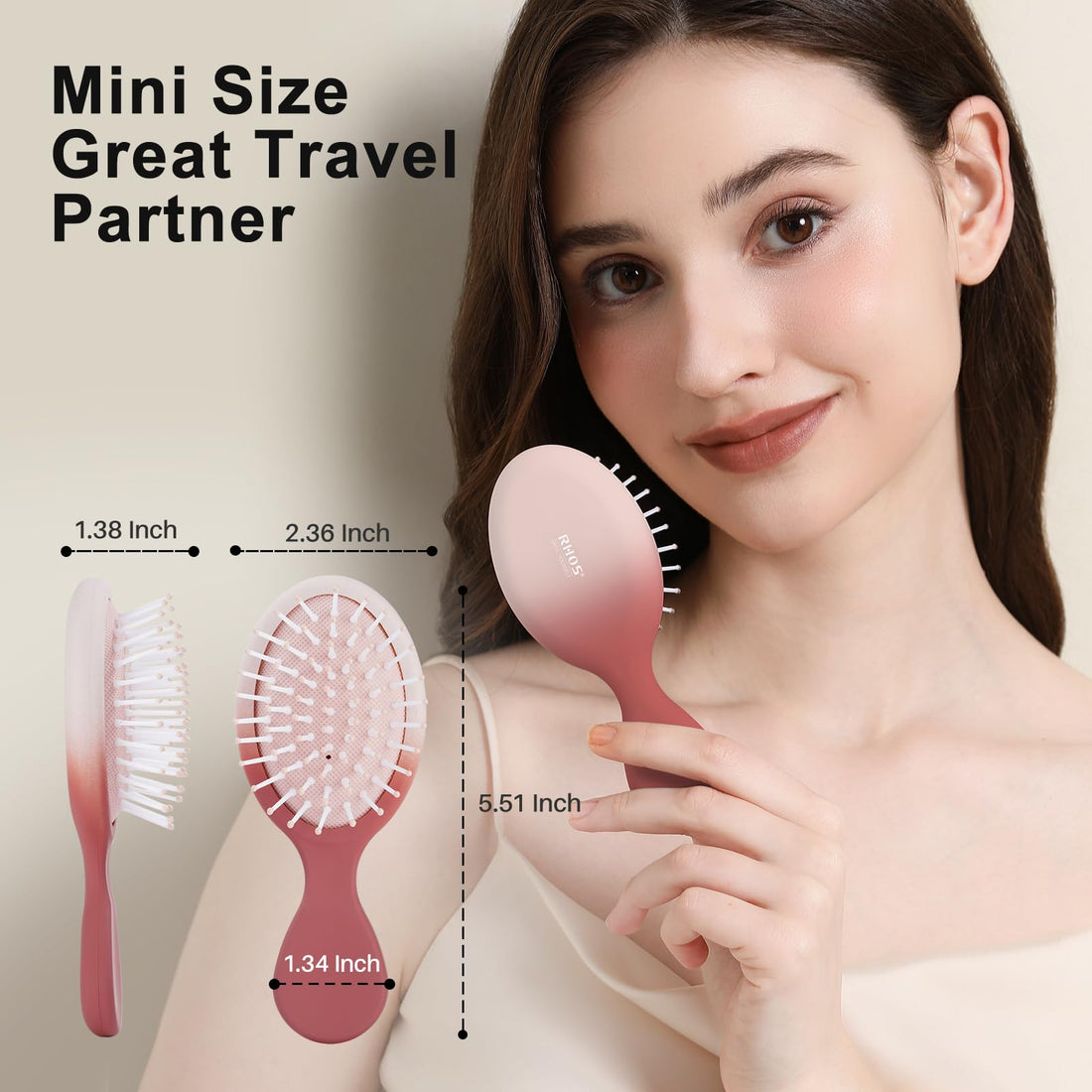 RHOS Mini Hair Brush Travel Size Red Gradient Soft Cushion Paddle Brush