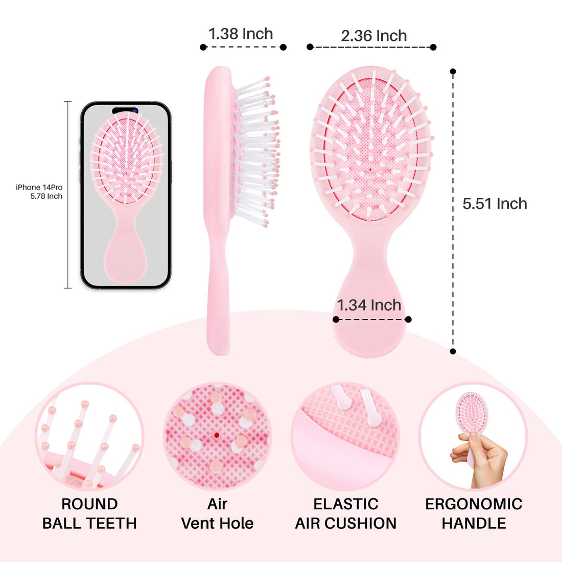RHOS Mini Hair Brush Travel Size Detangler for All Hair Types