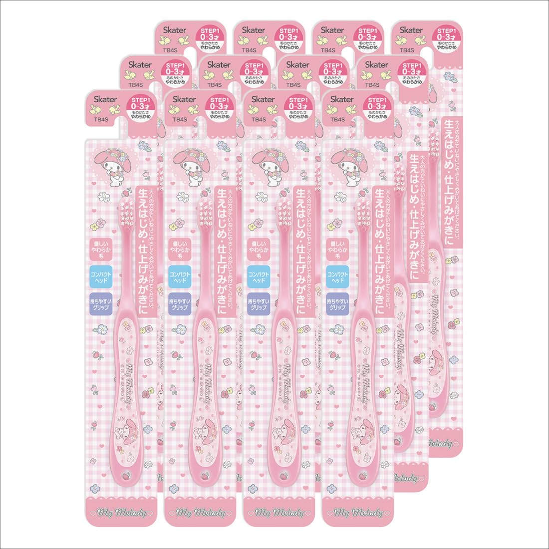 Set de 12 brosses à dents Skater pour nourrissons 0-3 ans, souples, My Melody, couronne de fleurs, Sanrio, 15 cm TB4S-A