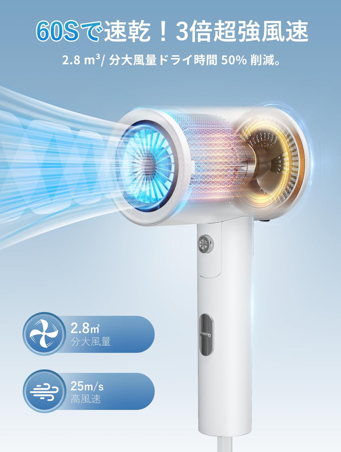 SOUNATE Hair Dryer High Airflow with Negative Ions Portable White