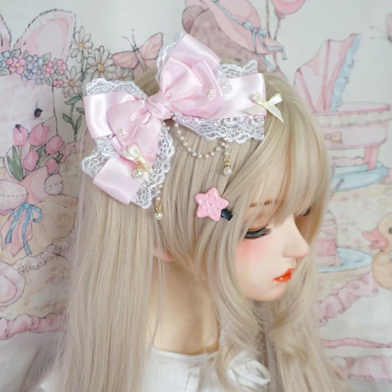 G Triger Pearl Lace Ribbon Clip Cute Hair Accessory Pink