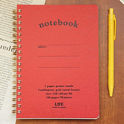 LIFE Notebook with Pocket Graph Paper B6 Size Red