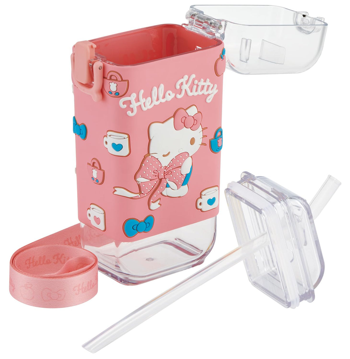 Skater Square Straw Bottle 450ml with One-Push Cover and Shoulder Belt