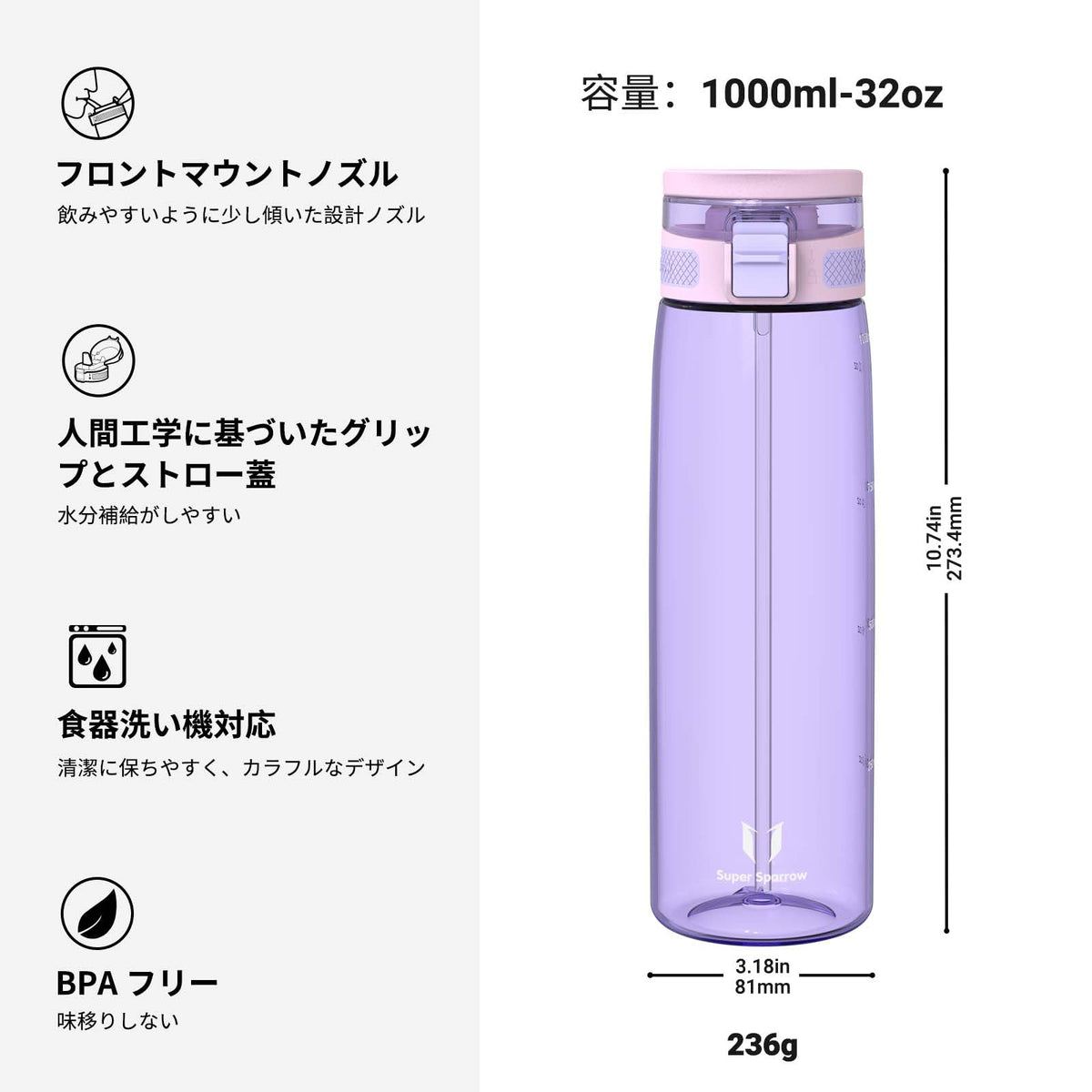 Super Sparrow 1L Water Bottle with Straw BPA-Free Tritan Material