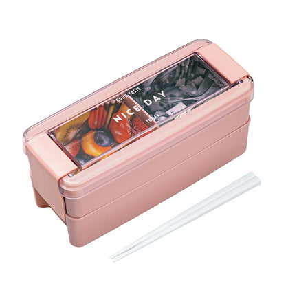 Lustroware Bento Box 680ml Two-Tier with Chopsticks Easy Care Pink
