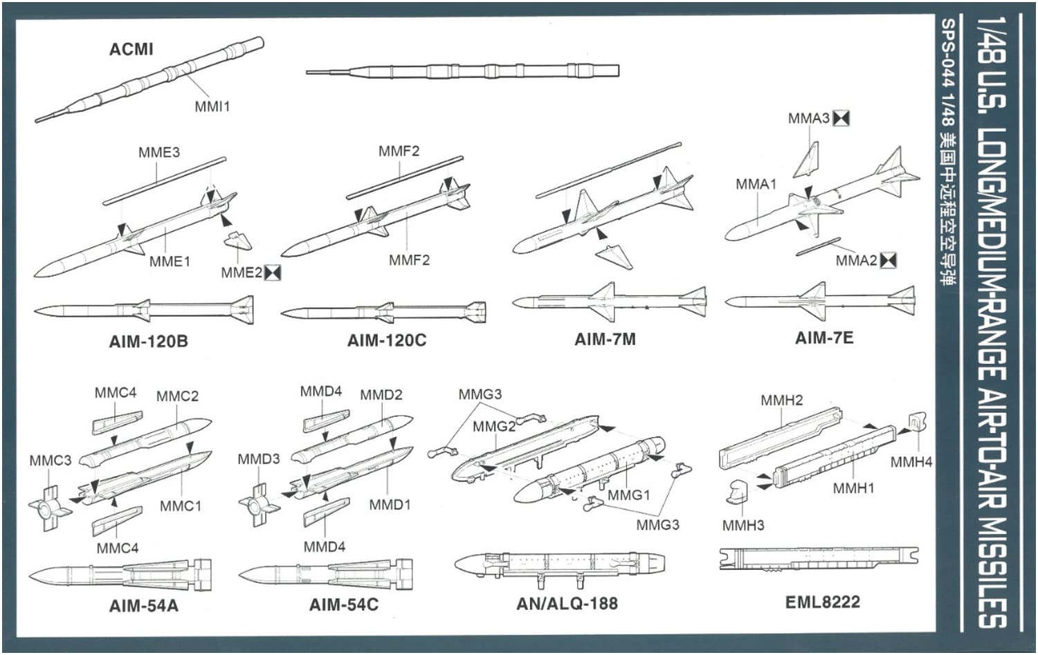 MENG 1/48 Scale Model Parts for US Military Air-to-Air Missiles