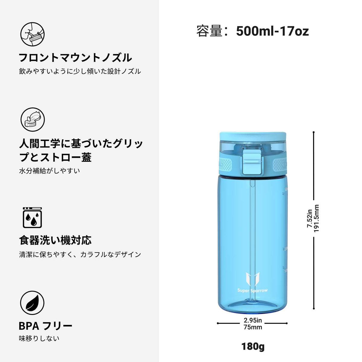 Super Sparrow 500ml Water Bottle with Straw BPA-Free Tritan