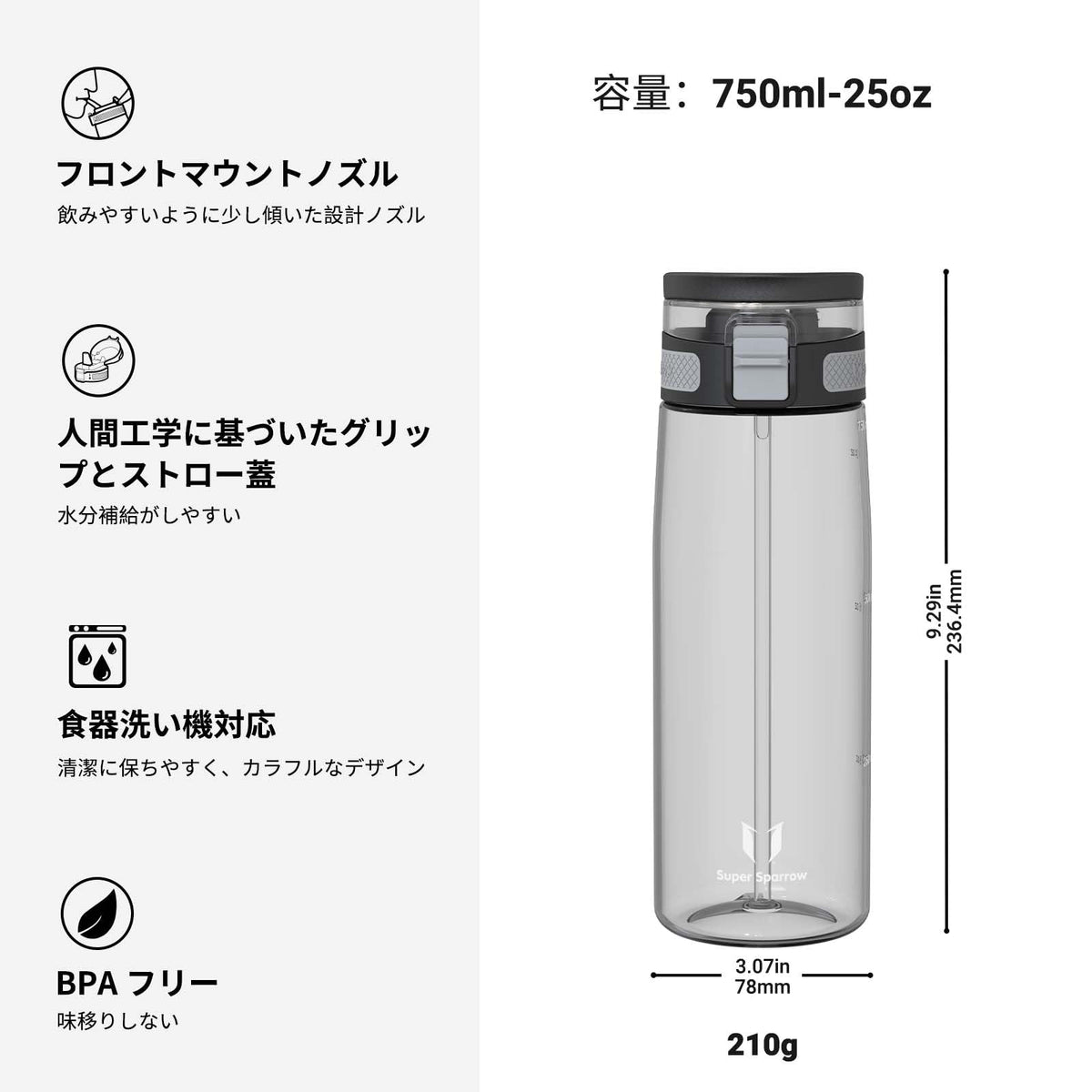 Super Sparrow 750ml Water Bottle with Straw BPA Free Tritan
