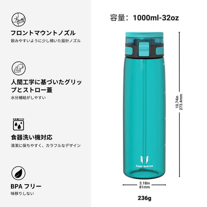 Super Sparrow Water Bottle 1L with Straw BPA-Free Tritan Design