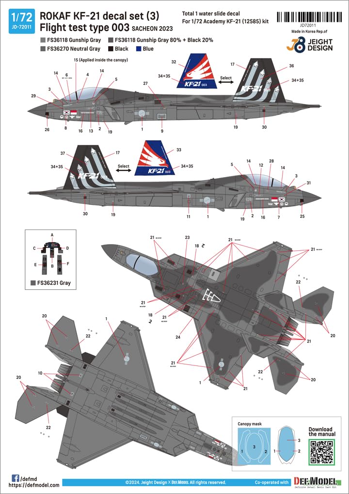 DEF.MODEL 1/72 Scale Korean Air Force KF-21 Boramae Decal Set