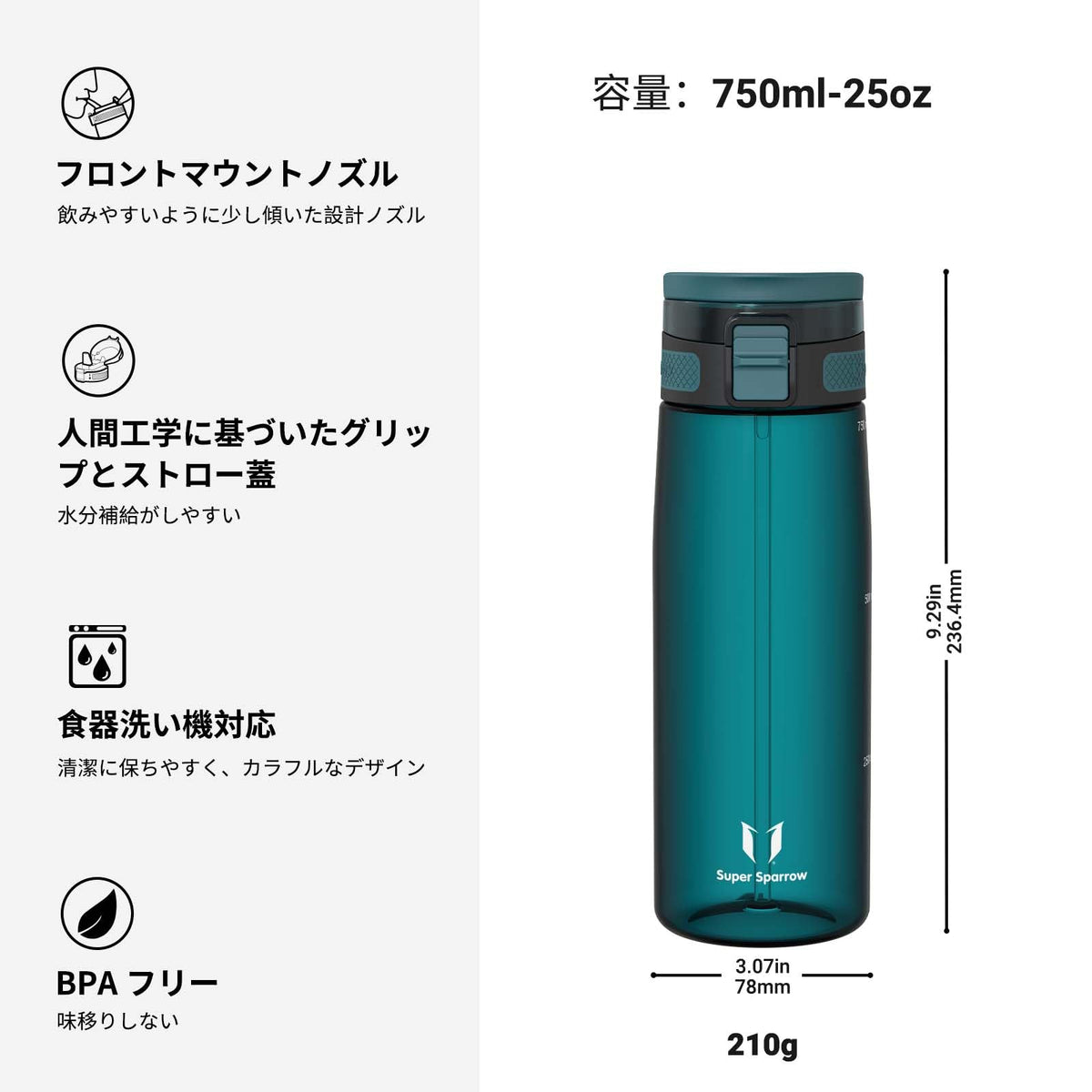 Super Sparrow Water Bottle 750ml BPA-Free with Straw
