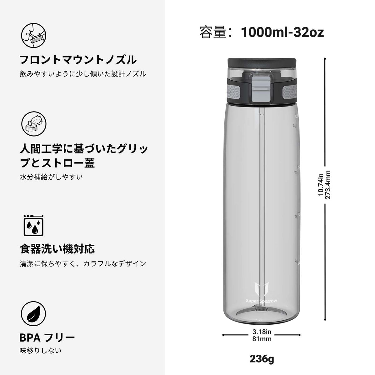 Super Sparrow Water Bottle 1L BPA-Free with Straw for Daily Hydration