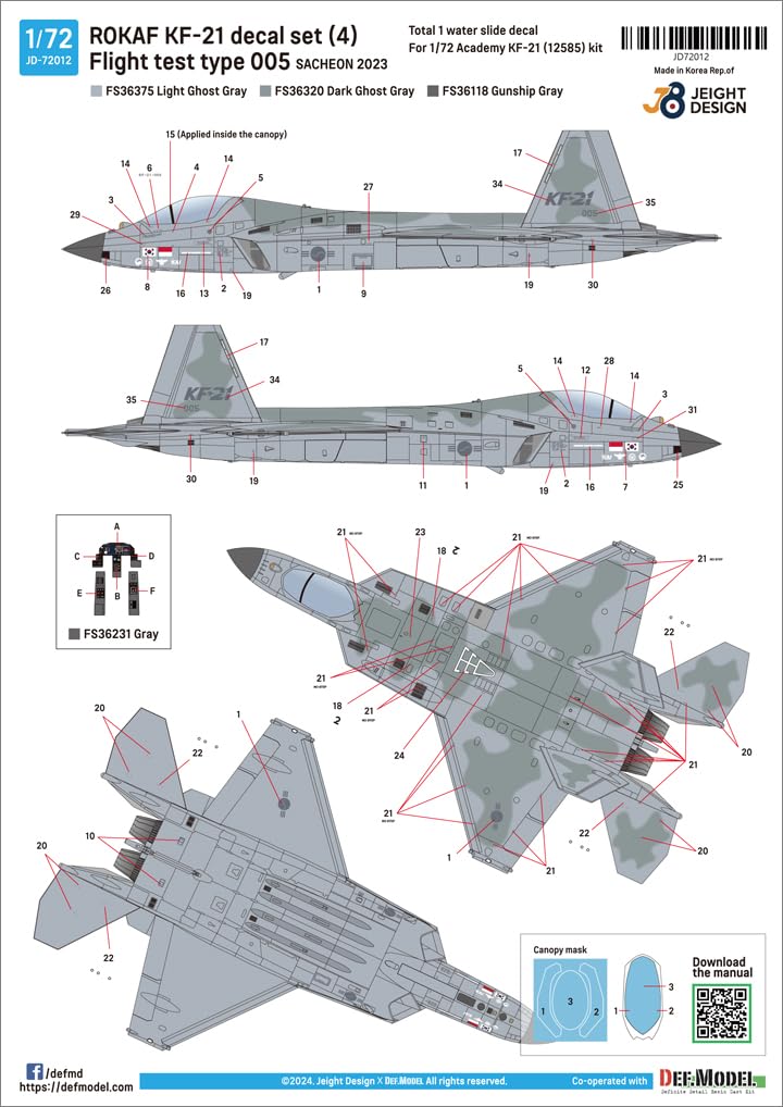 DEF.MODEL 1/72 Scale Decal Set for Korean Air Force KF-21 Boraem