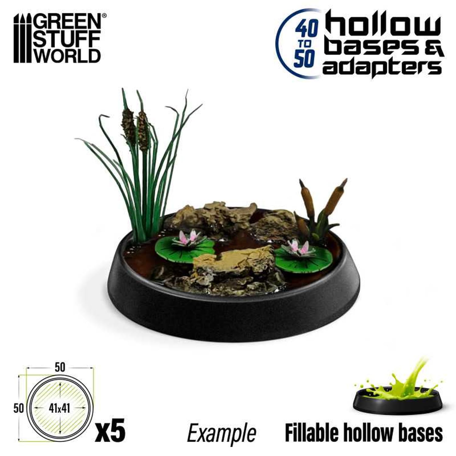 Green Stuff World Round Plastic Display Base Set of 5 Black 50mm