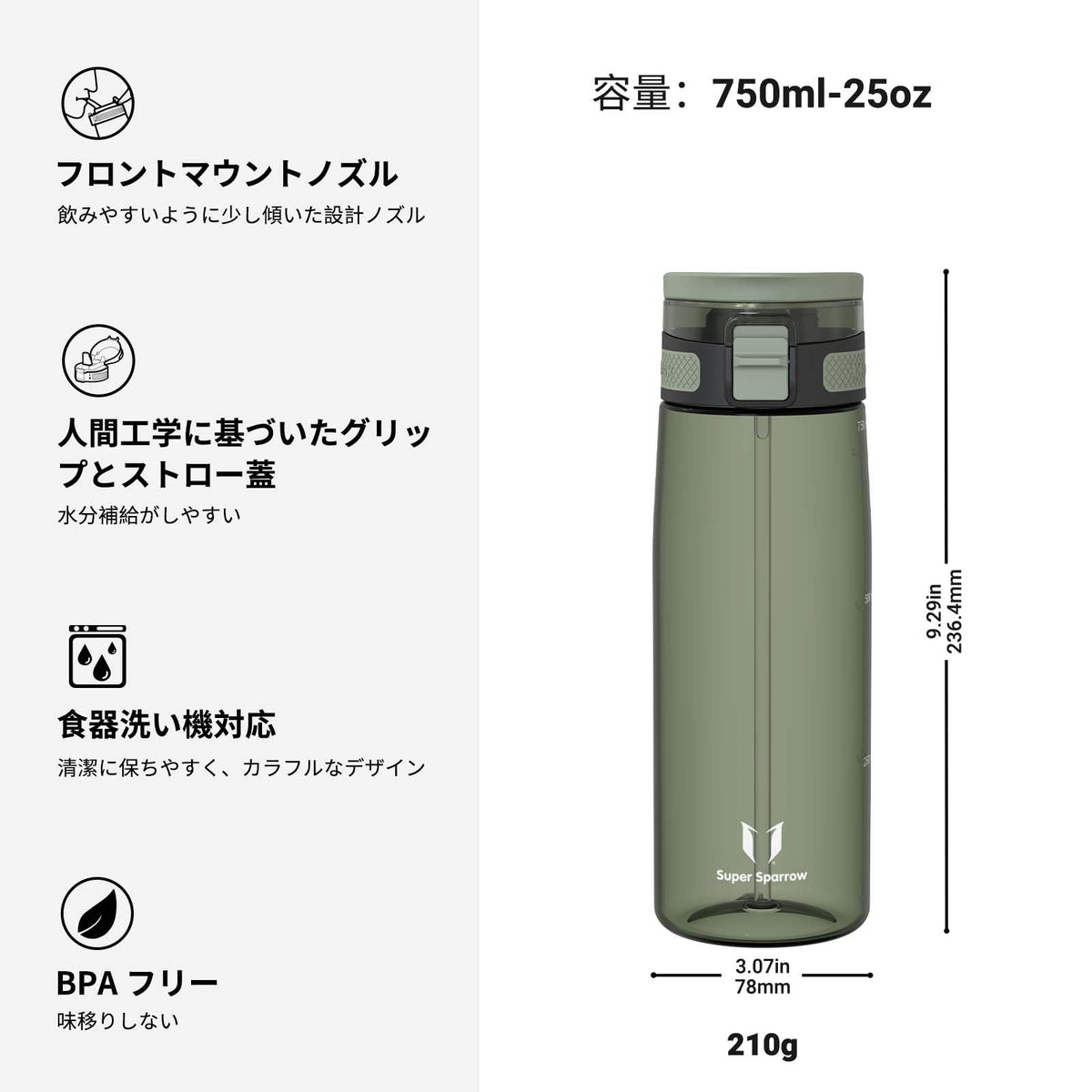 Super Sparrow Water Bottle 750ml BPA-Free with Straw