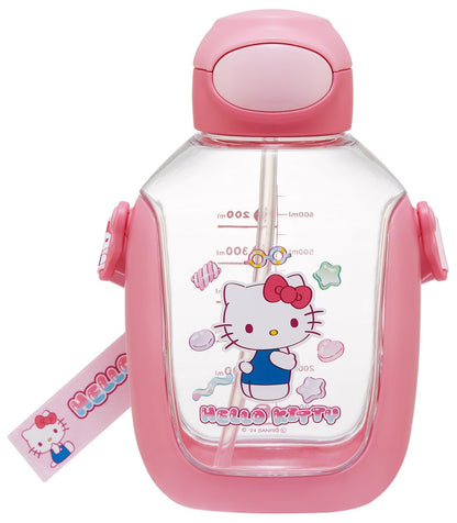 Skater One Push Straw Bottle with Shoulder Belt 780ml Hello Kitty
