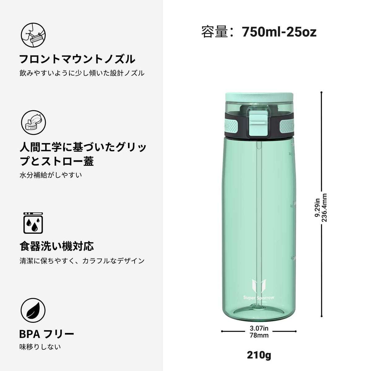 Super Sparrow Water Bottle 750ml BPA-Free with Straw
