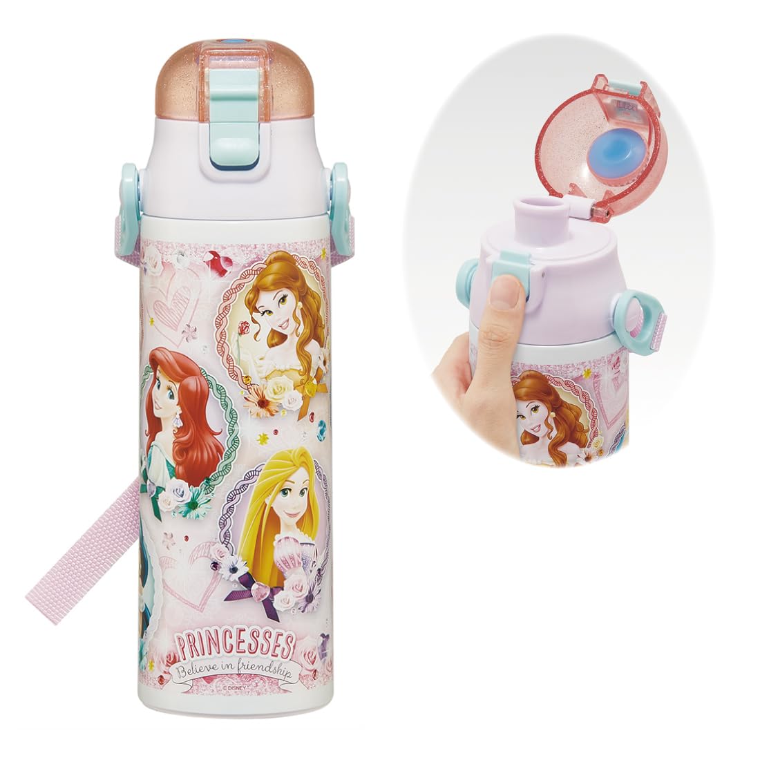 Skater Stainless Steel Kids Water Bottle, Direct Drink, 580ml, Disney Princess, Lightweight, Cold Insulation Only