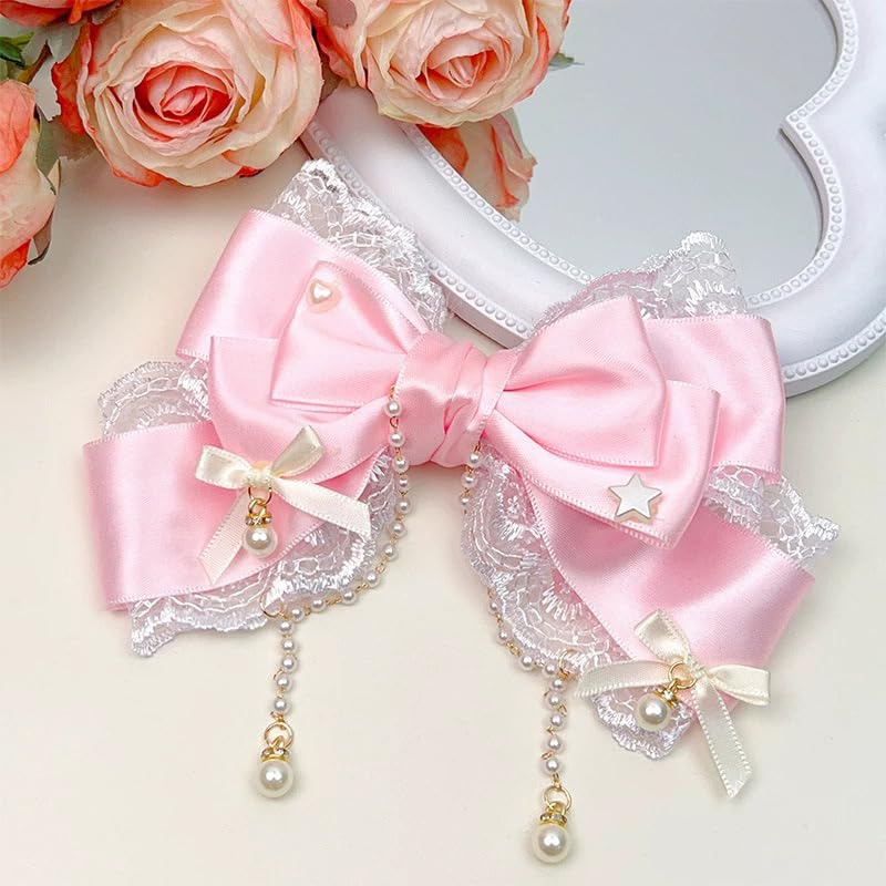 G Triger Pearl Lace Ribbon Clip Cute Hair Accessory Pink
