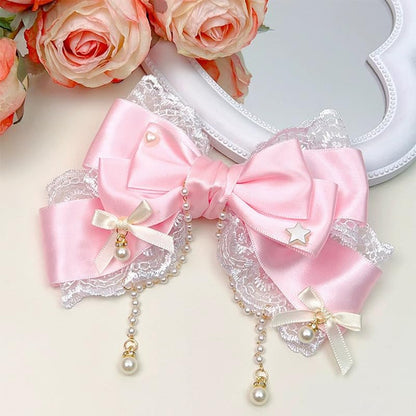 G Triger Pearl Lace Ribbon Clip Cute Hair Accessory Pink