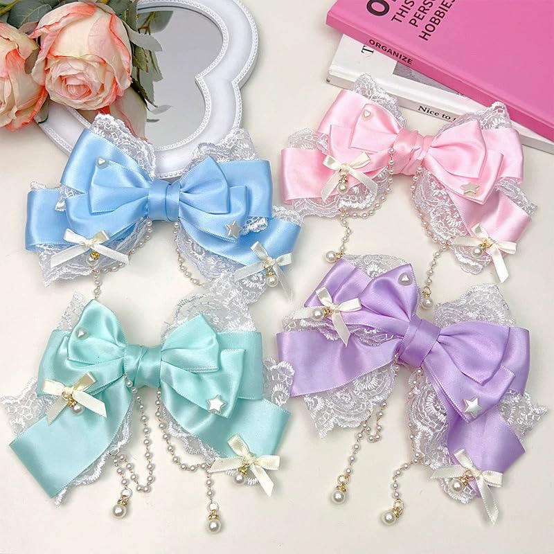G Triger Pearl Lace Ribbon Clip Cute Hair Accessory Pink