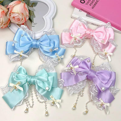G triger Pearl Lace Ribbon Clip for Hair Accessories Blue