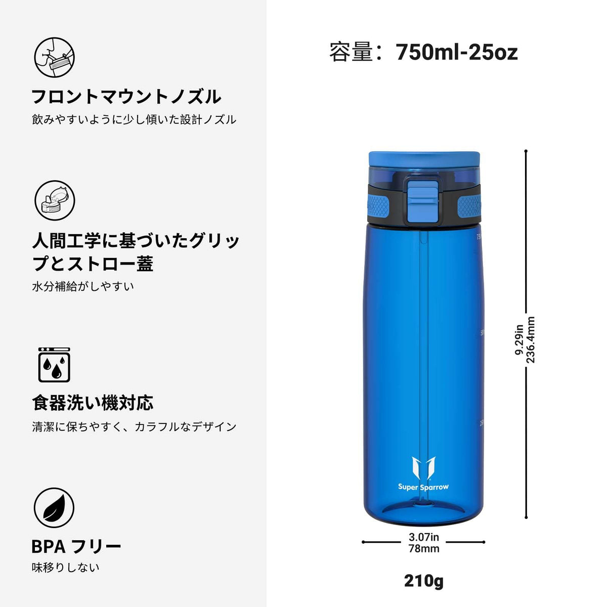 Super Sparrow Water Bottle 750ml BPA-Free with Straw
