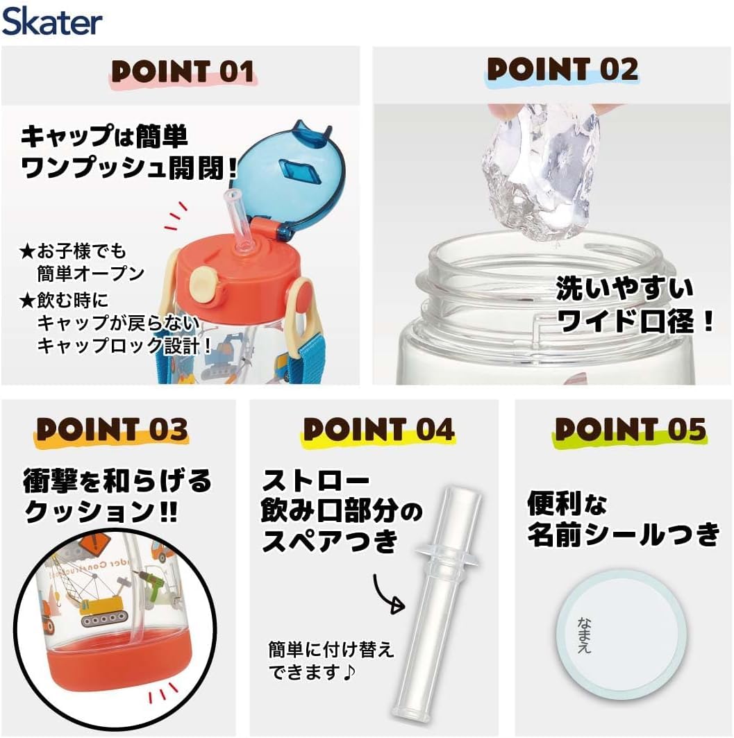 Skater Kids Straw Water Bottle 480ml with One-Touch Silicone Design