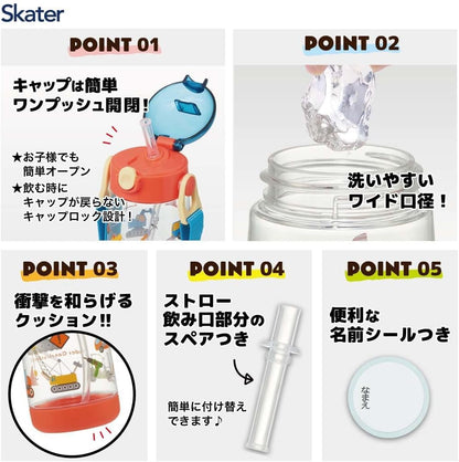 Skater Kids Straw Water Bottle 480ml with One-Touch Silicone Design
