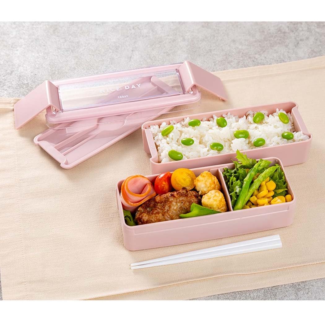 Lustroware Bento Box 680ml Two-Tier with Chopsticks Easy Care Pink