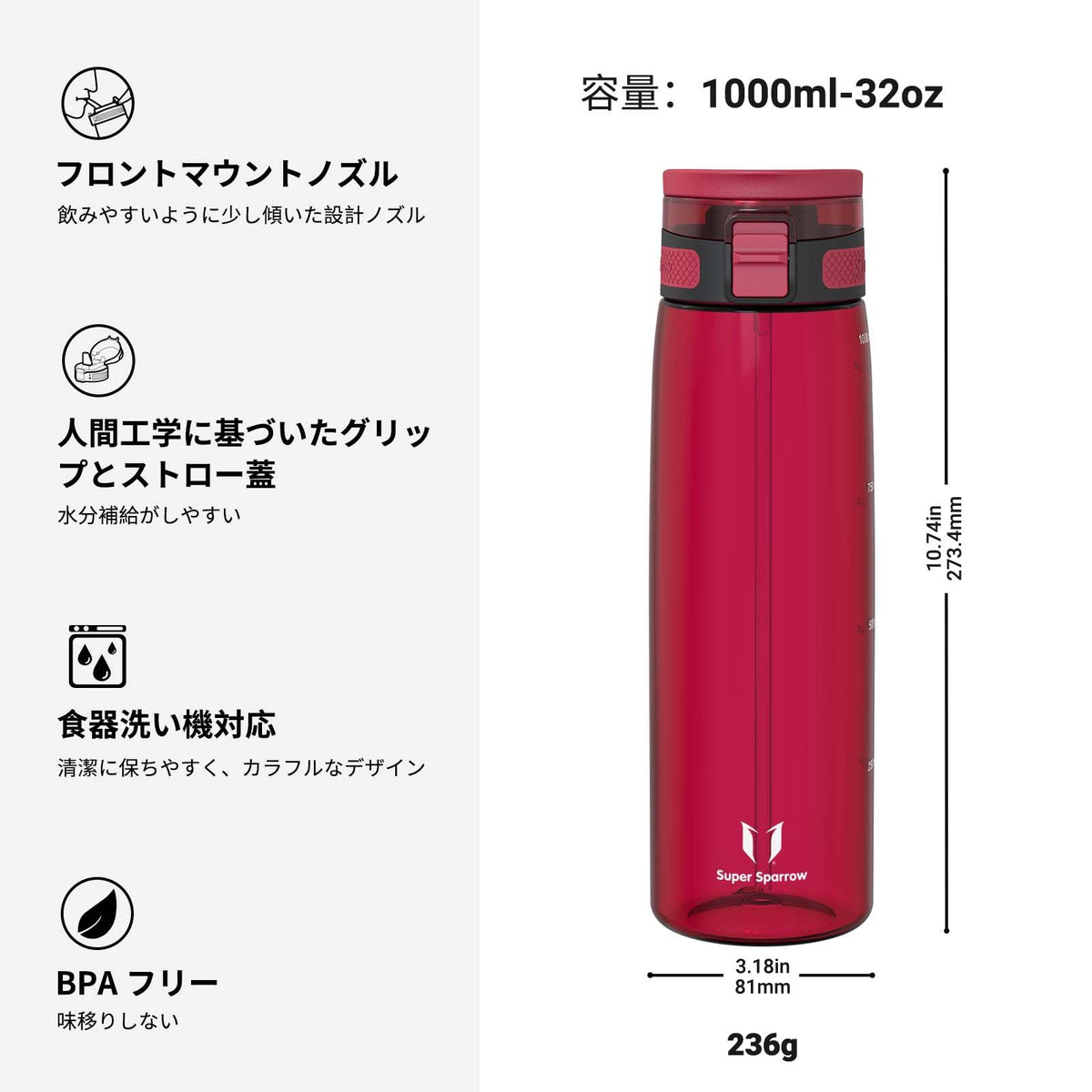 Super Sparrow Water Bottle 1L with Straw BPA-Free Tritan Design