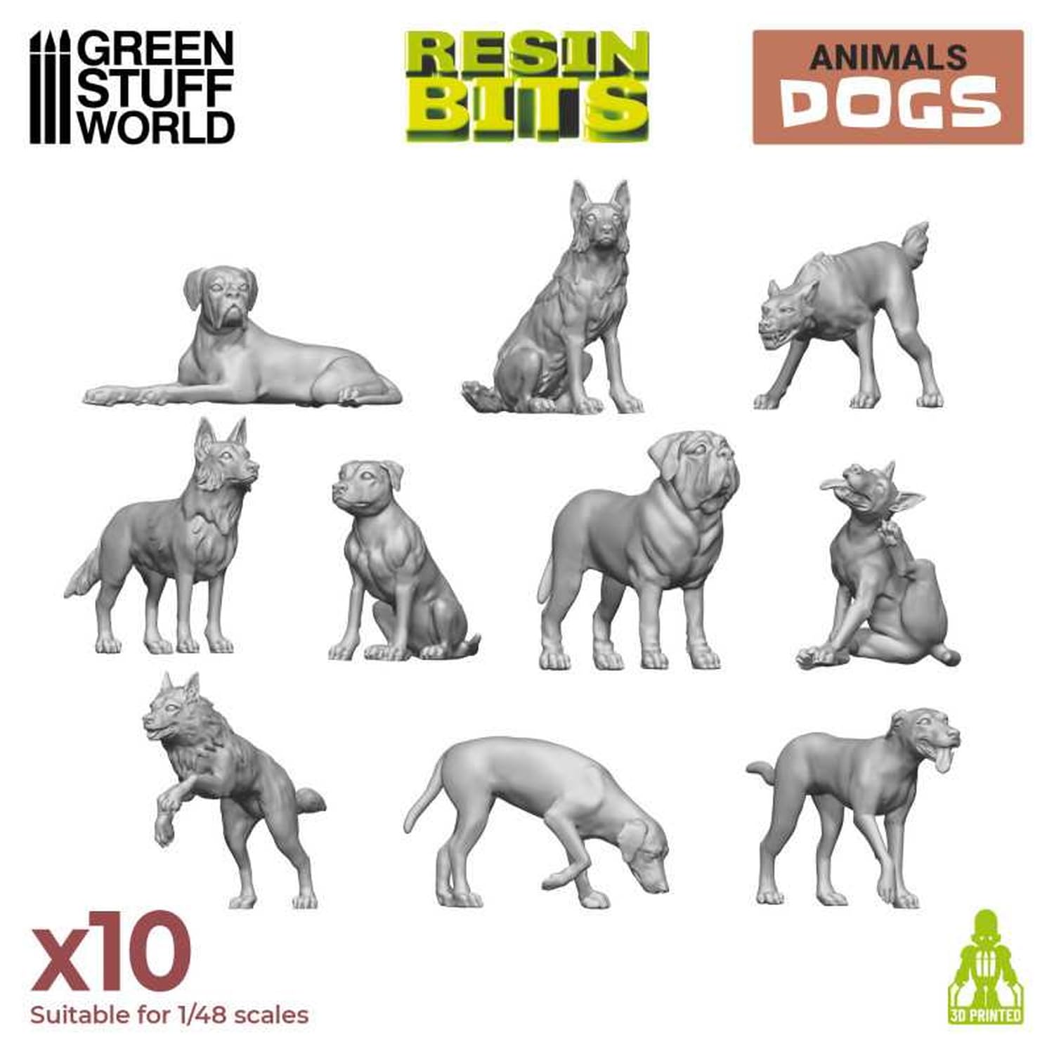 Green Stuff World Diorama Accessories 3D Printed Dog Set of 10