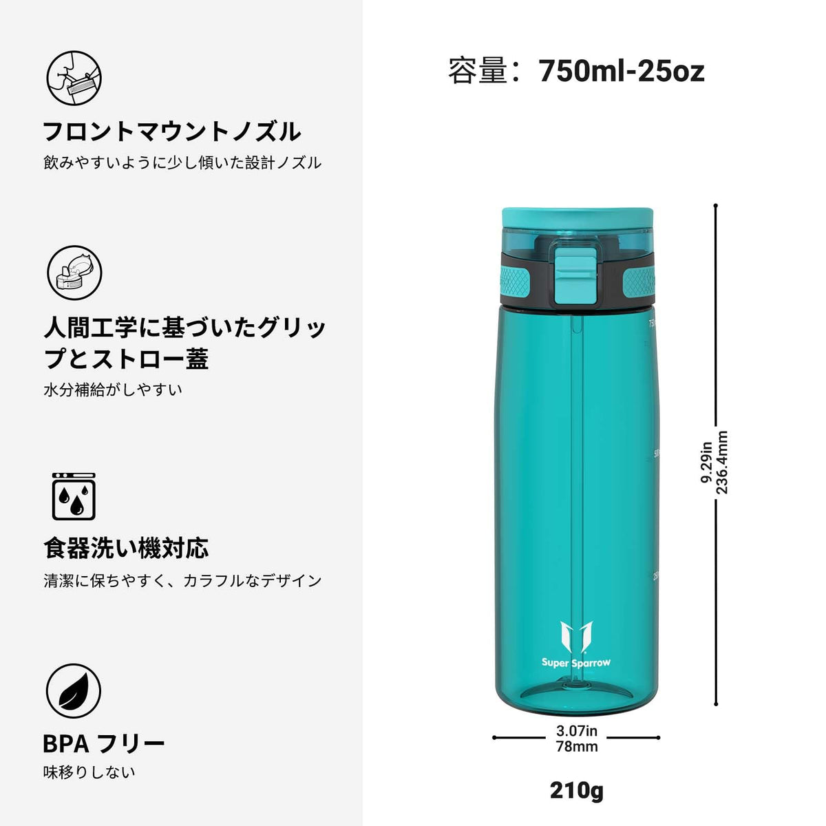 Super Sparrow Water Bottle 750ml BPA-Free with Straw