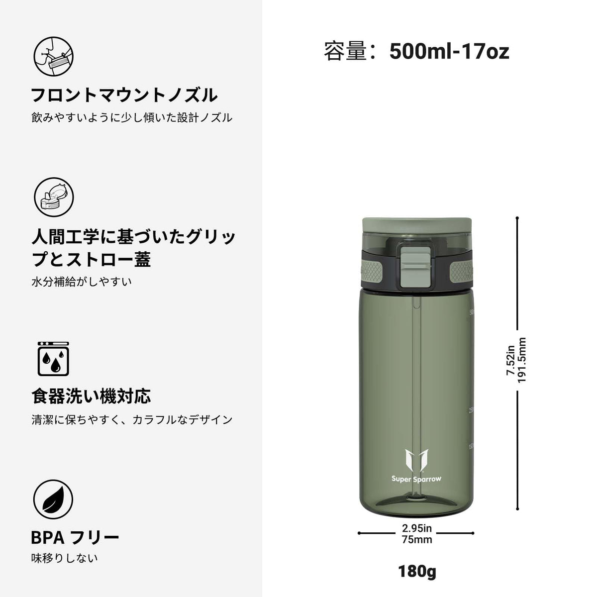 Super Sparrow Water Bottle 500ml BPA-Free with Straw