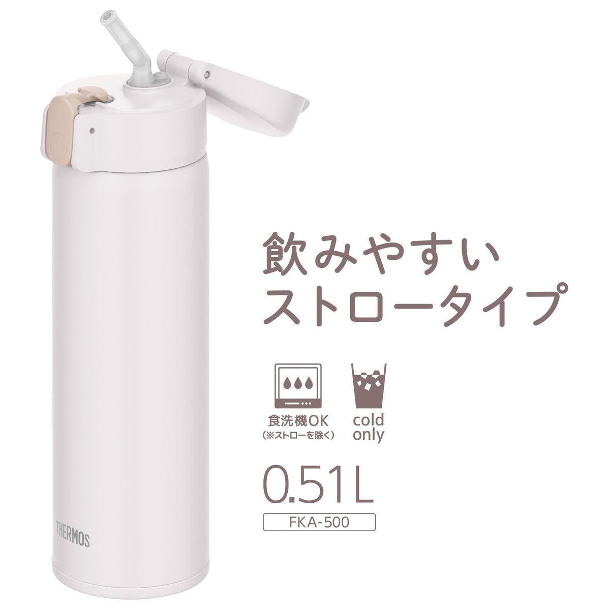 THERMOS Vacuum Insulated Straw Bottle 510ml White for Hydration