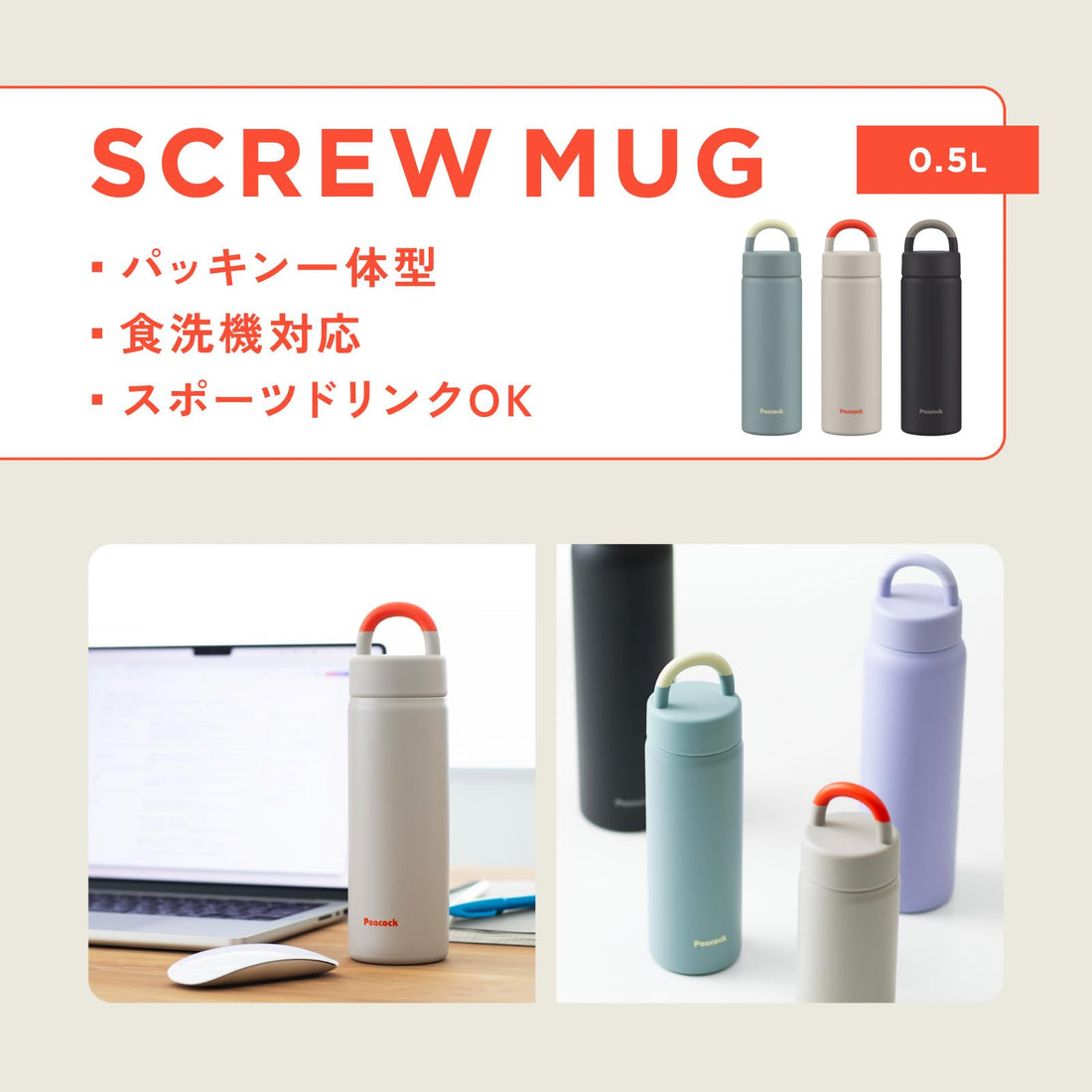 Peacock Insulated Water Bottle with Handle 500ml Dark Navy