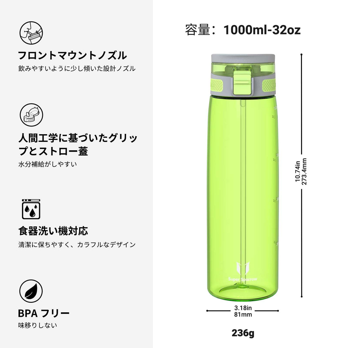 Super Sparrow 1L Water Bottle with Straw BPA-Free Durable Tritan