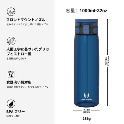 Super Sparrow Water Bottle 1L with Straw BPA-Free Tritan