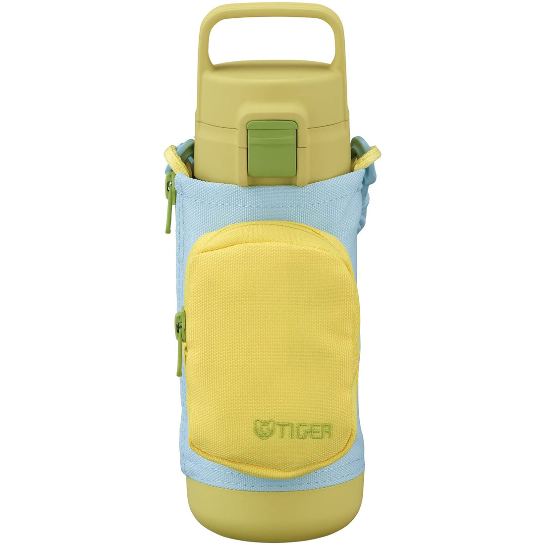 TIGER Stainless Steel Water Bottle with Multi-Pocket, One-Touch Wide Mouth, Handle, Dishwasher Safe, Recycled Material, Yellow Blue 500ml