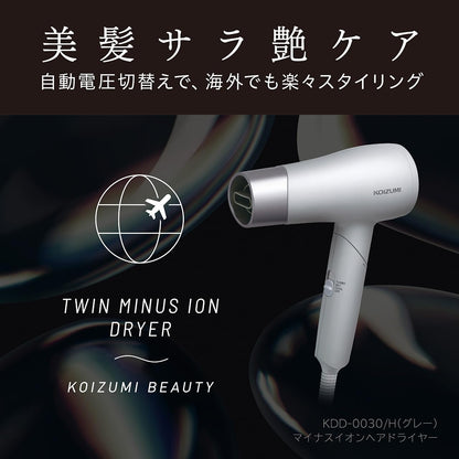 Koizumi Hair Dryer with Twin Negative Ions Compact Lightweight Gray