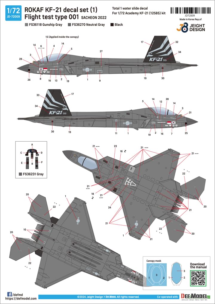 DEF.MODEL 1/72 Scale Korean Air Force KF-21 Borame Decal Set for Academy