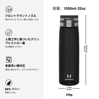 Super Sparrow Water Bottle 1L BPA-Free with Straw for Easy Hydration