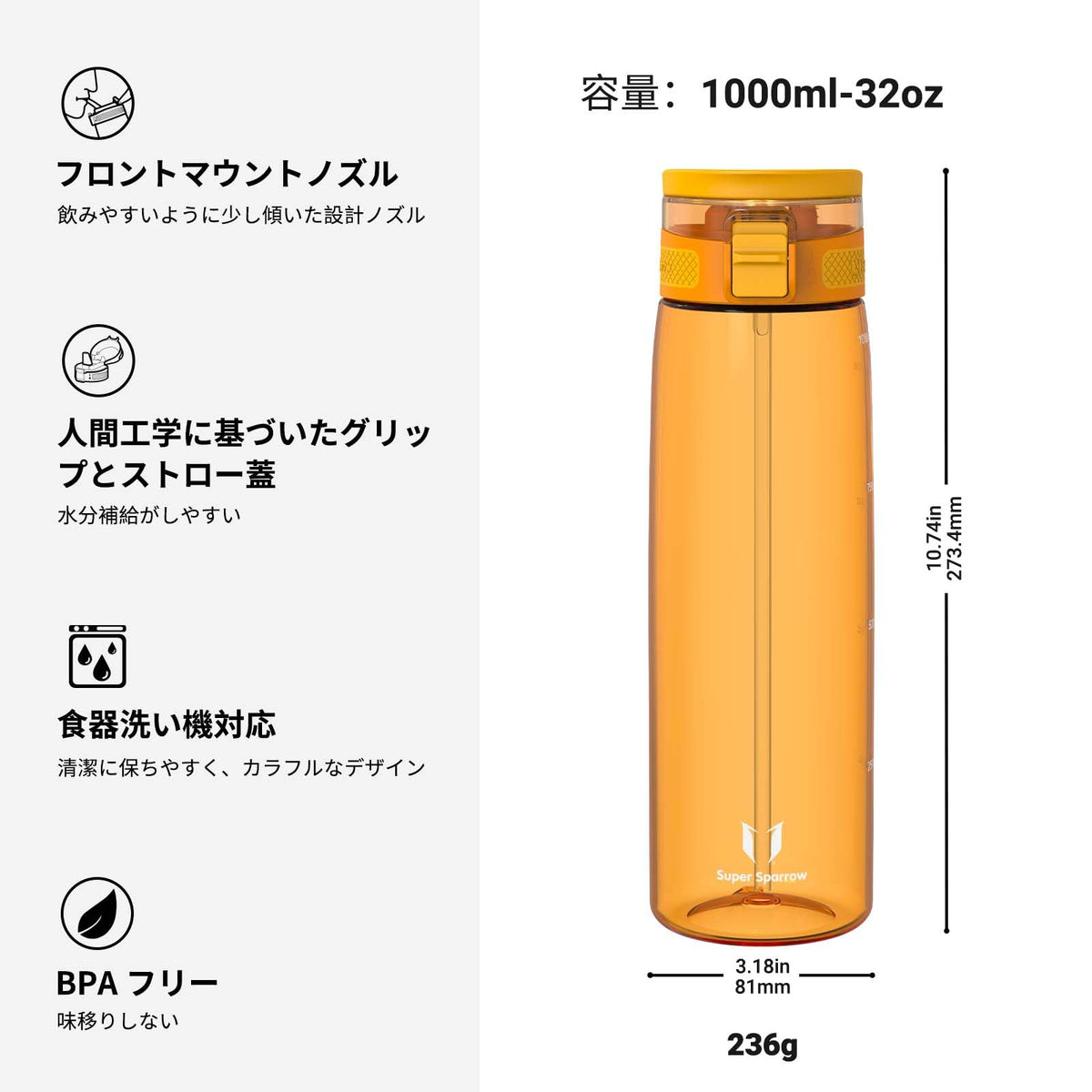 Super Sparrow Water Bottle 1L with Straw BPA-Free Tritan Design
