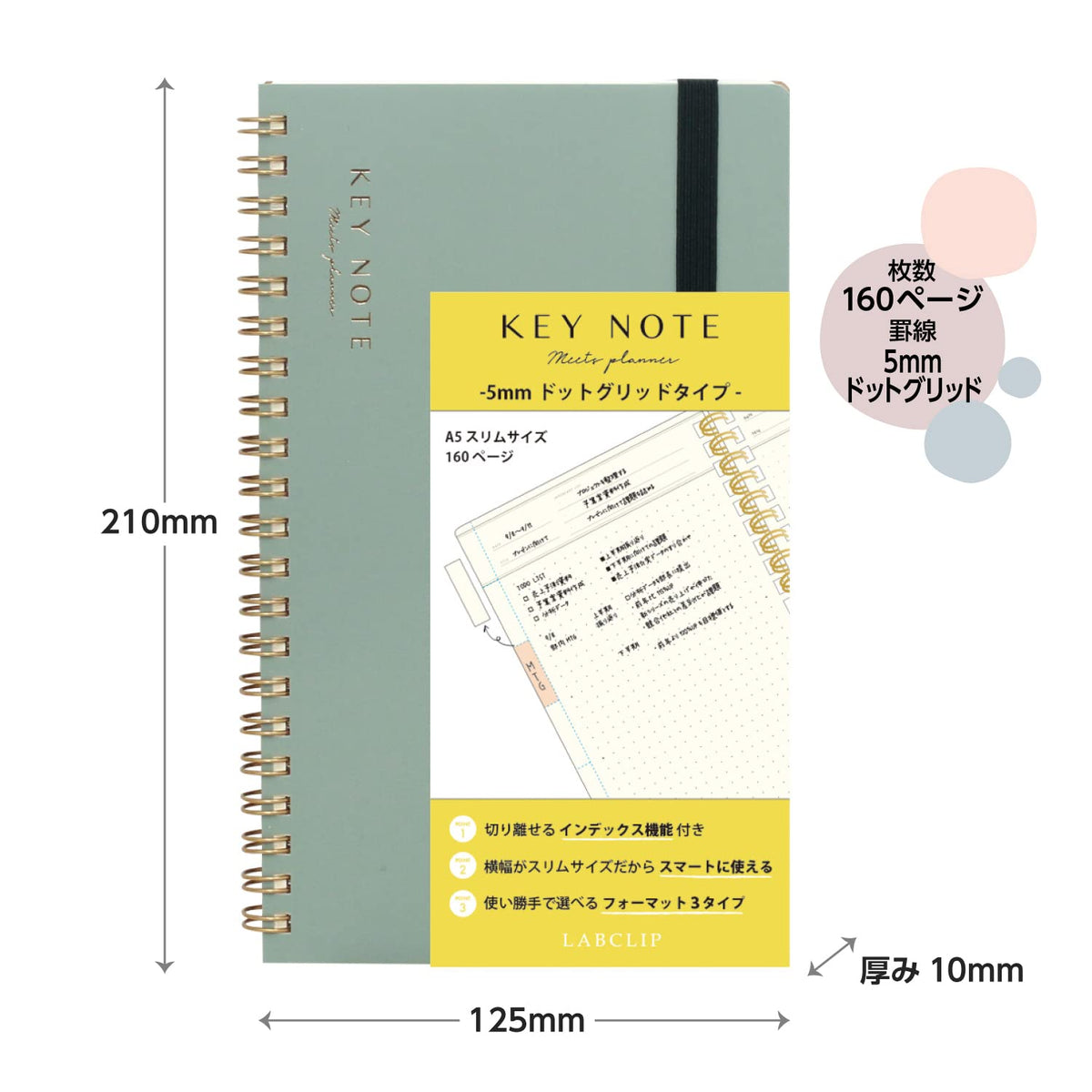 LABCLIP A5 Slim Notebook with Dot Grid for Planning in Moss Green