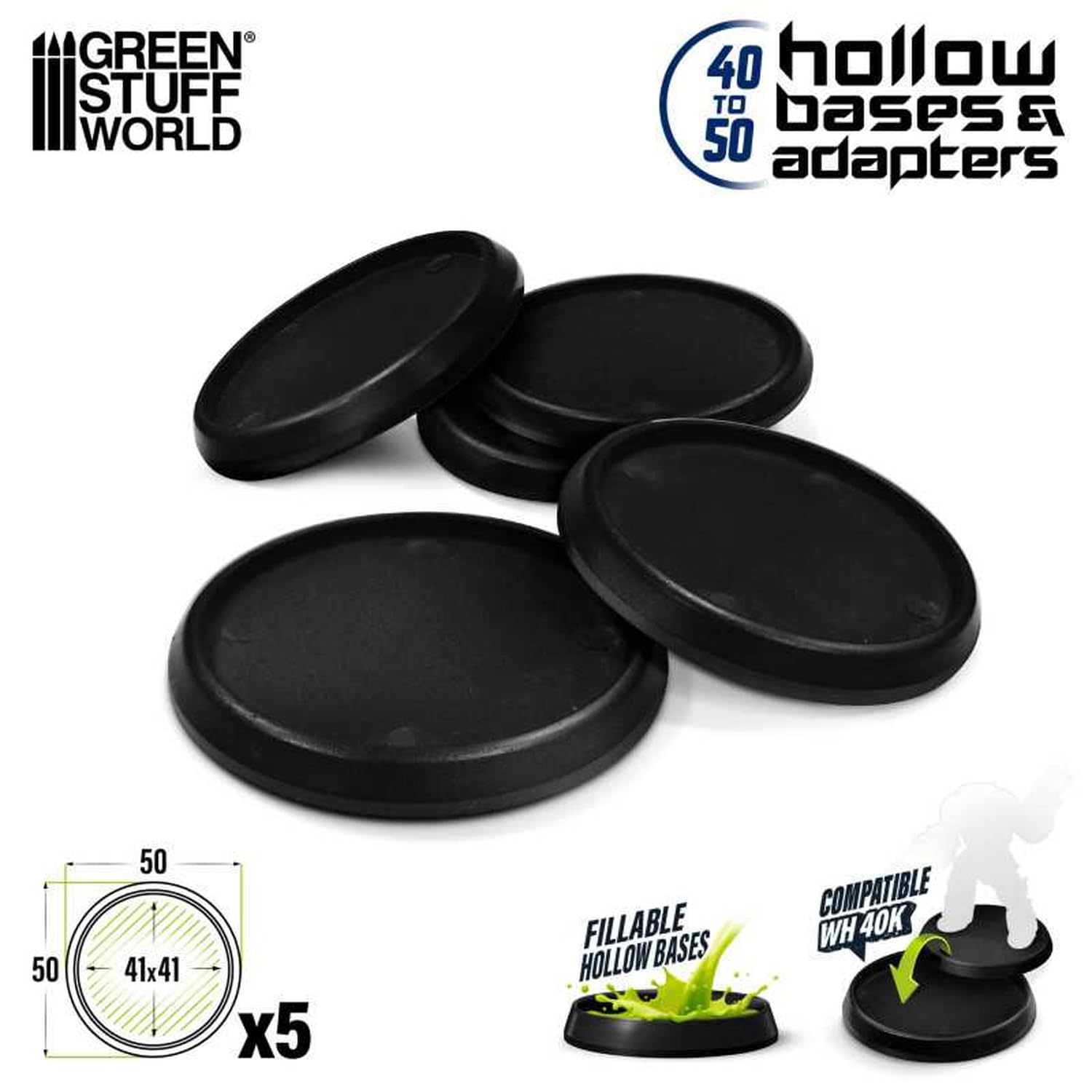 Green Stuff World Round Plastic Display Base Set of 5 Black 50mm