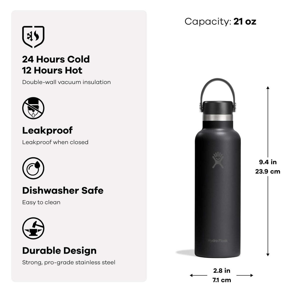Hydro Flask Standard Mouth 21oz Water Bottle in Tonal Black