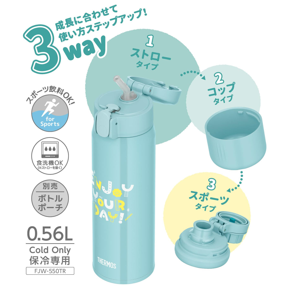 THERMOS 3-Way Bottle Mint 0.56L for Versatile Hydration